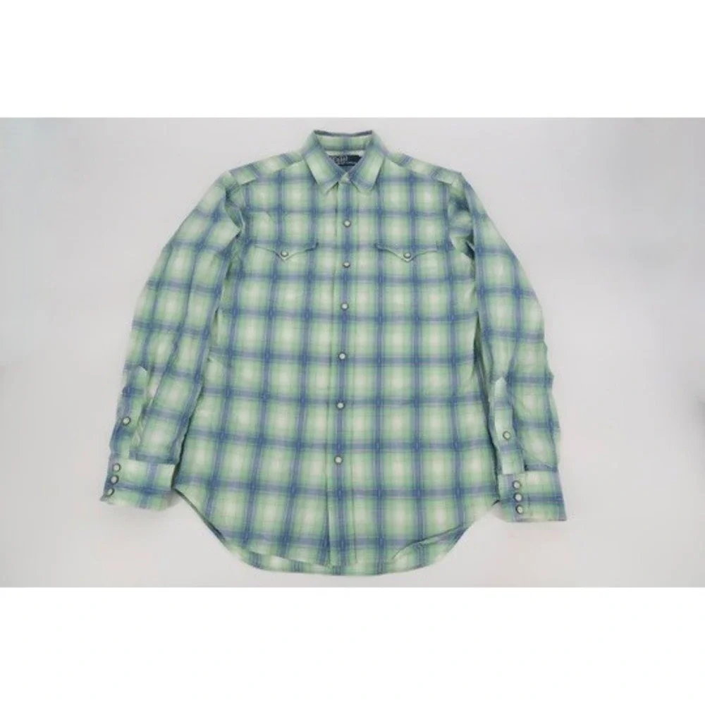 Vintage‎ Polo Ralph Lauren Western Shirt Mens Small Green Blue Plaid Pearl Snap